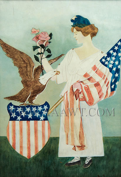 Lady Liberty Watercolor, Liberty Cap, Eagle Perched on Shield
Anonymous, signed ML
Circa 1850 to 1900, sans frame